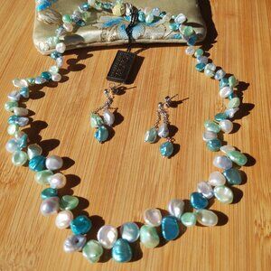 Honora Keshi Freshwater Pearl 20" necklace earrings set 925 Sterling Silver